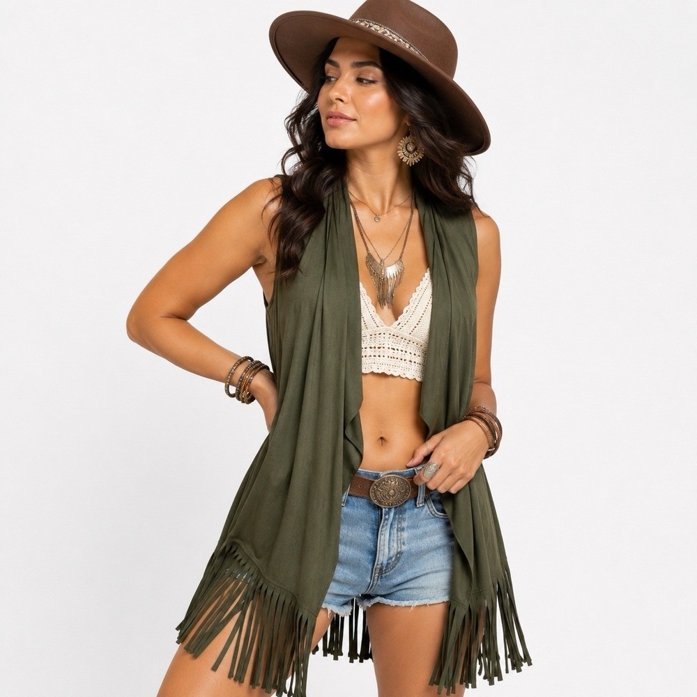 Open Front Ultra Suede Vest Tassels Size S/M Festival Boho Olive Green Vegan